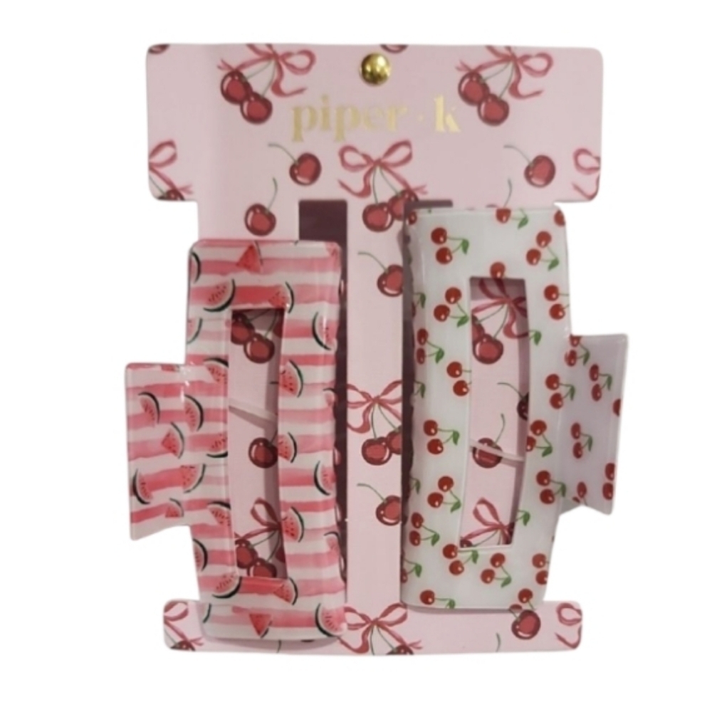 🍒▪️ Piper K ▪️Pink and White Cherry Watermelon Hair Bow Claw Clip 2 Pc NWT
